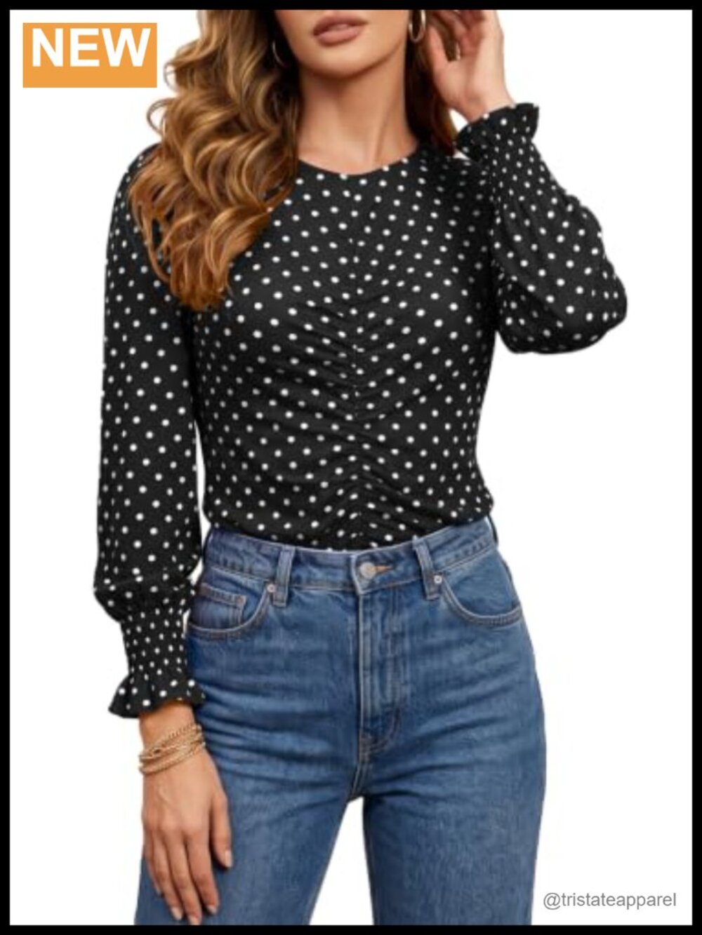 Ruched Front Polka Dot Blouse Long Sleeve
